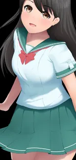 Anime girl in a school uniform with green skirt and charming expression.