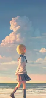 Anime girl walking by the seaside under a beautiful sky.