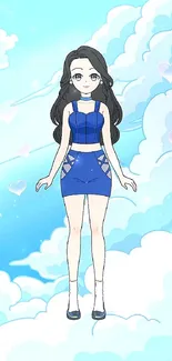 Anime girl floating in vibrant sky with fluffy clouds and blue dress.