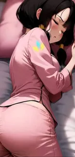 Anime girl in pink pajamas peacefully sleeping.