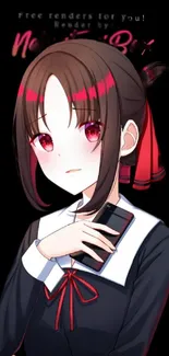 Anime girl with smartphone in red and black design.