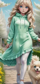 Anime girl with dog in blossoming garden, mint green dress.