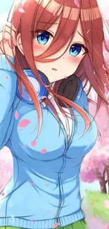 Anime girl with headphones among cherry blossoms in spring.