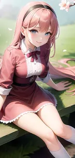 Anime girl with pink hair sitting on a bench under cherry blossoms.