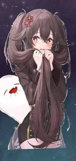 Anime girl with long brown hair and flower against a starry sky.