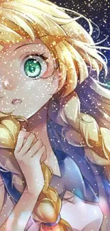 Anime girl with sparkling stars and braided blond hair in a night sky setting.