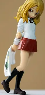 Anime girl statue with red skirt and white shirt poses elegantly.