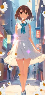 Anime girl in a white dress on a flower-adorned street.