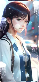 Anime girl with sparkling lights on a city street, perfect for mobile wallpaper.