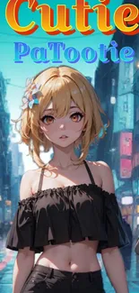 Anime girl with cityscape, vibrant colors, and urban style.