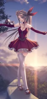 Anime girl in red dress with sunset background.