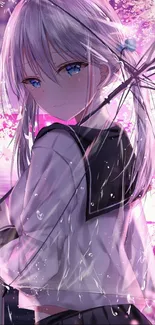 Anime girl with an umbrella under cherry blossoms in the rain, purple tones.