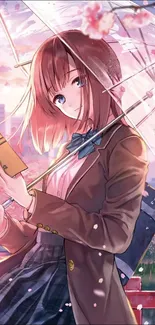 An anime girl with an umbrella under pink cherry blossoms.