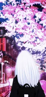 Anime girl with white hair under cherry blossoms at night.