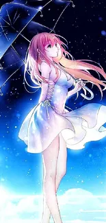 Anime girl under a starry sky holding an umbrella, showcasing a fantasy scene.