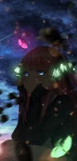 Anime girl under a starry sky with glowing butterflies.