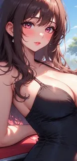 Anime girl in black dress under sunlight, with a scenic backdrop.