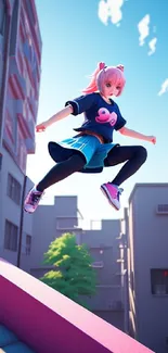 Anime girl with pink hair jumping in cityscape.