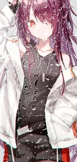 Anime girl with purple hair and urban style in a digital illustration.