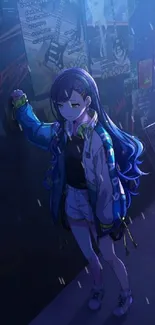 Anime girl with blue tones and music theme in a dark setting.