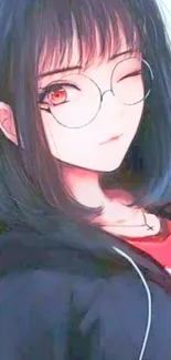 Anime girl with red eyes and glasses winks playfully.