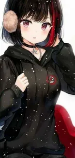 Anime girl in black hoodie with snowflakes, winter theme.