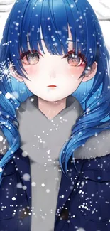 Anime girl with blue hair in a snowy winter setting.