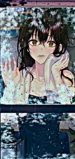 Anime girl by wintry window with snowflakes.