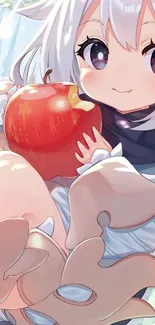 Cute anime character holding an apple in a vibrant illustration.