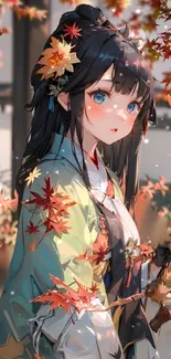 Anime girl surrounded by autumn leaves in a vibrant setting.