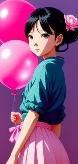 Anime girl with pink balloons on purple background.