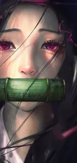 Anime girl with bamboo gag and vivid eyes in dark hues.