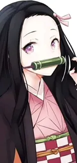 Anime girl with bamboo gag and long black hair.