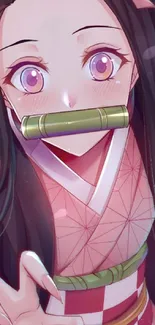 Anime girl with bamboo muzzle and pink background for mobile wallpaper.