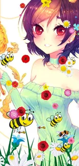 Anime girl with bees and flowers in vibrant colors.