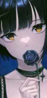 Anime girl with short hair holding a black rose, mysterious vibe.