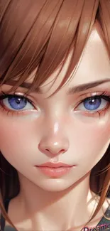 Anime girl with blue eyes and light brown hair in vibrant digital artwork.