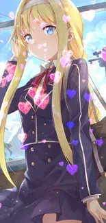 Anime girl with blue eyes and blonde hair surrounded by colorful hearts.