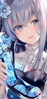 Anime girl holding blue flowers with a gentle smile, vibrant artwork.