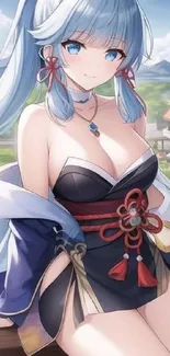 Anime girl with blue hair in a scenic village background.