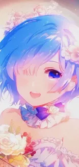 Anime girl with blue hair and flowers holding a bouquet.