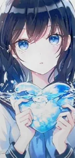 Anime girl with blue heart-shaped water splash and captivating eyes.