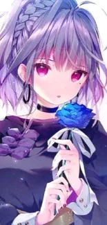 Anime girl with purple hair holding a blue rose in hand.