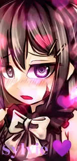 Anime girl with large bow and blush, expressing emotion with purple tones.