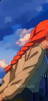 Anime girl with orange braided hair against a blue and cloudy sky.