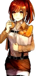 Anime girl holding bread in colorful art style.