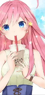 Anime girl with pink hair holding bubble tea, watercolor effect.