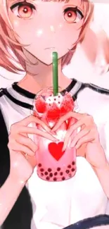 Anime girl holding pink bubble tea with strawberry accents.