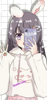 Anime girl with bunny ears and phone in cute outfit on white grid background.