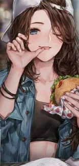 Anime girl in cap eating a burger with book and beverage.